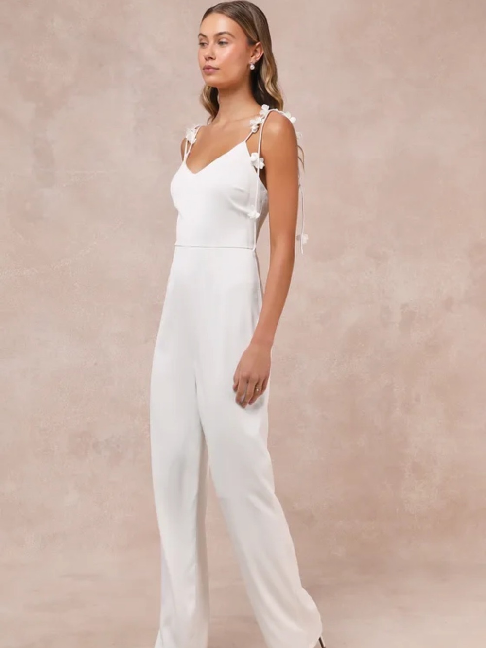 Lulu's Charmingly Aesthetic White Satin Tie-Strap 3D Floral Jumpsuit